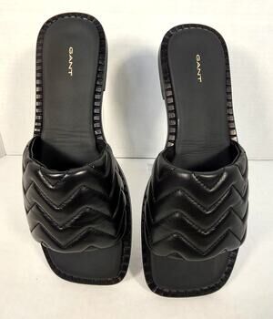 Gant Cruzla Black Quilted Leather Slide Sandals Padded Chevron EU37 US6 NWOT‎